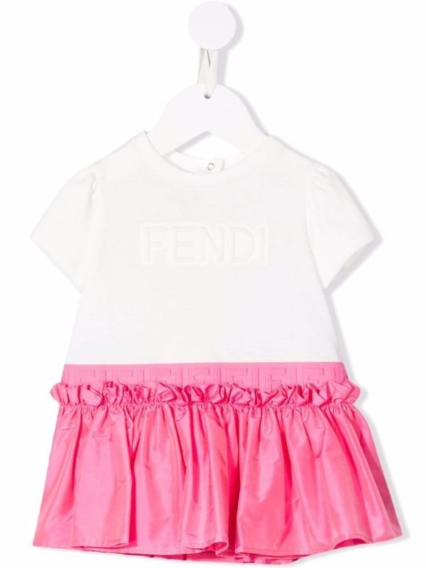 FENDI BABY Logo Dress White/Pink - MAISONDEFASHION.COM