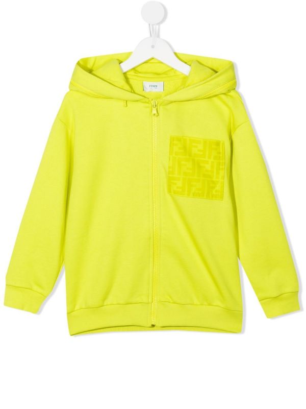 FENDI KIDS Logo Pocket Zip Hoodie Lemon Yellow - MAISONDEFASHION.COM
