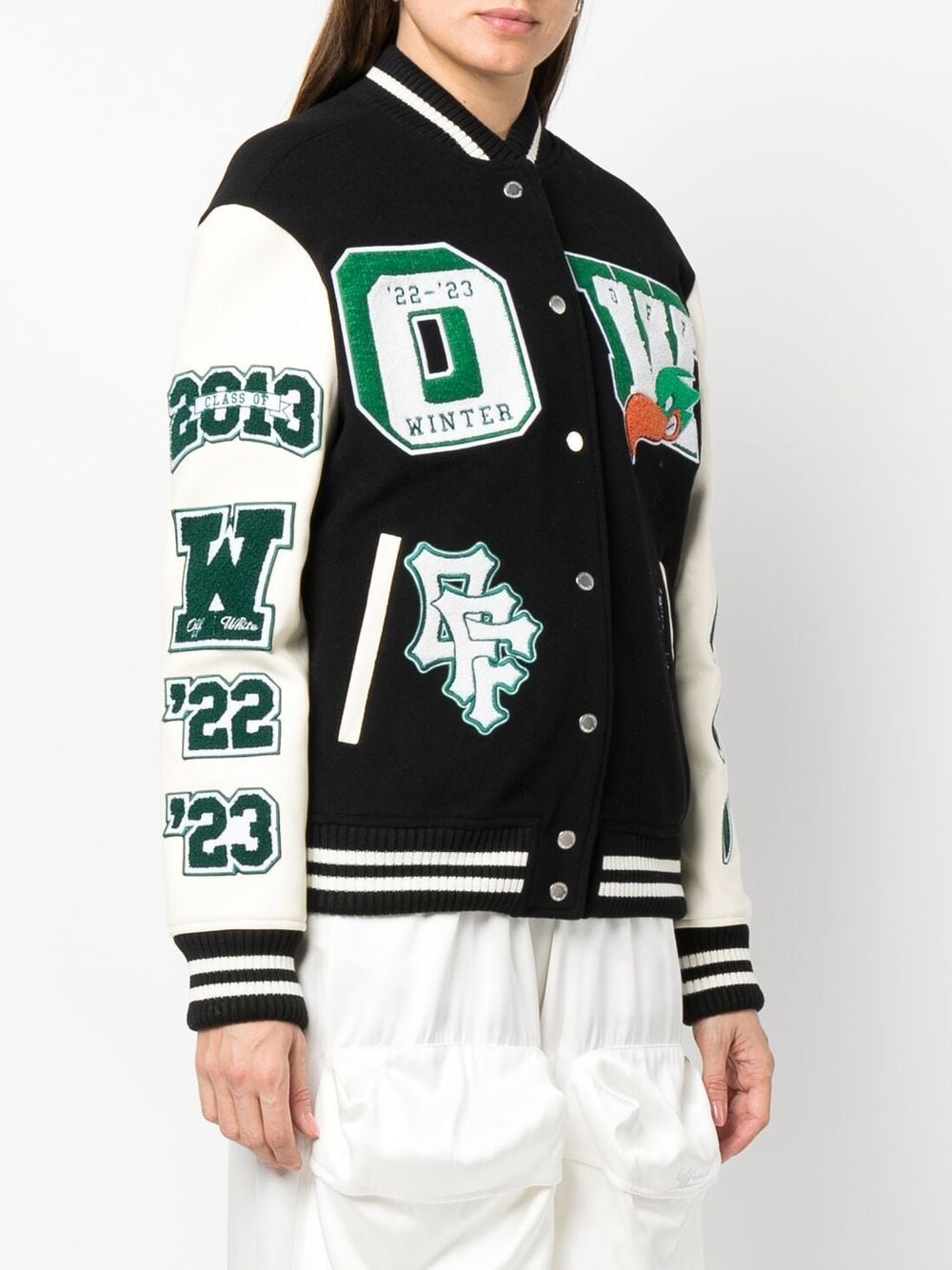 OFF-WHITE WOMEN Embroidered Patches Varsity Jacket Black/White - MAISONDEFASHION.COM