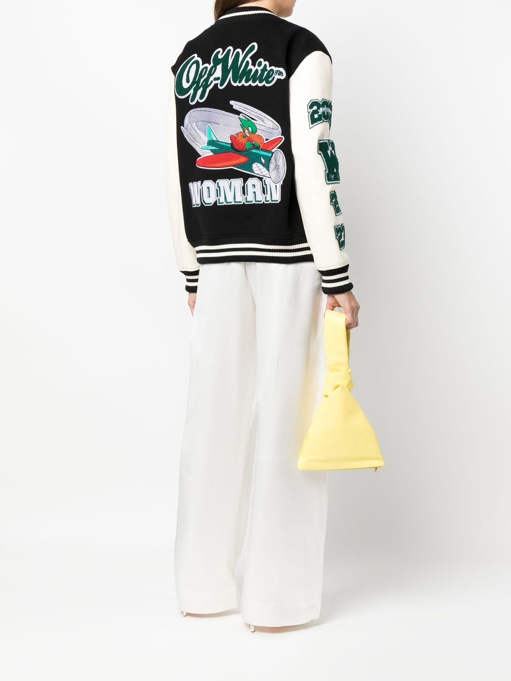 OFF-WHITE WOMEN Embroidered Patches Varsity Jacket Black/White - MAISONDEFASHION.COM