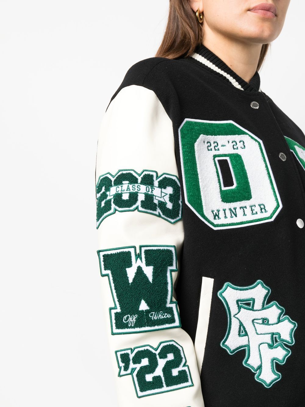 OFF-WHITE WOMEN Embroidered Patches Varsity Jacket Black/White - MAISONDEFASHION.COM