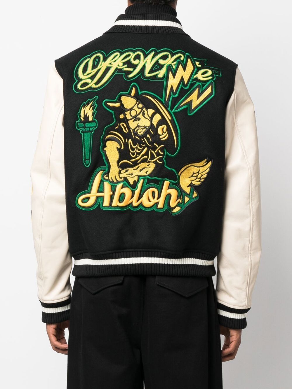 OFF-WHITE Graphics Leather Varsity Jacket Black/Yellow - MAISONDEFASHION.COM