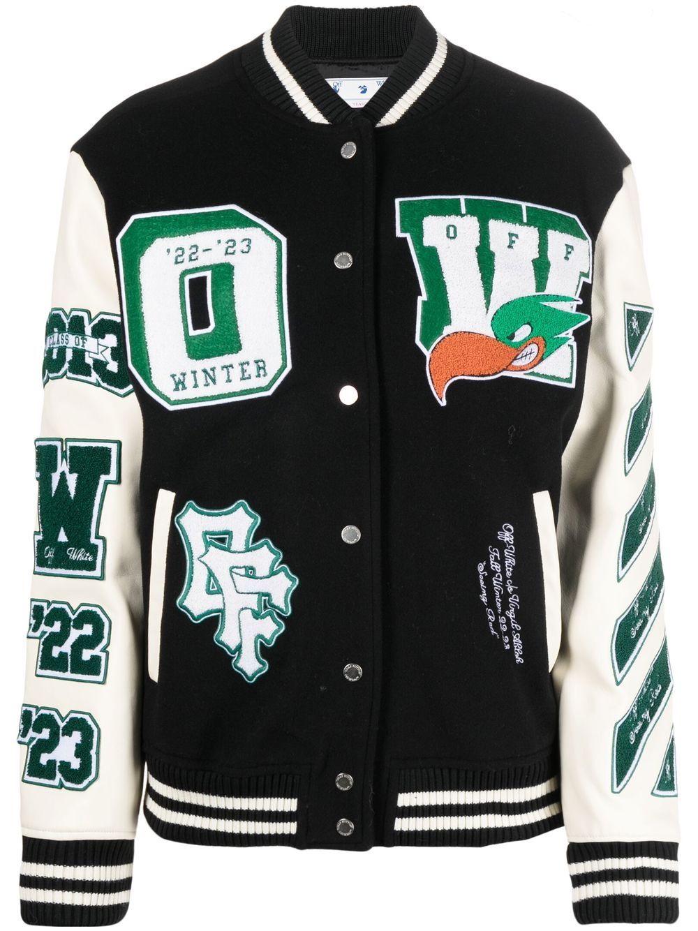 OFF-WHITE WOMEN Embroidered Patches Varsity Jacket Black/White - MAISONDEFASHION.COM