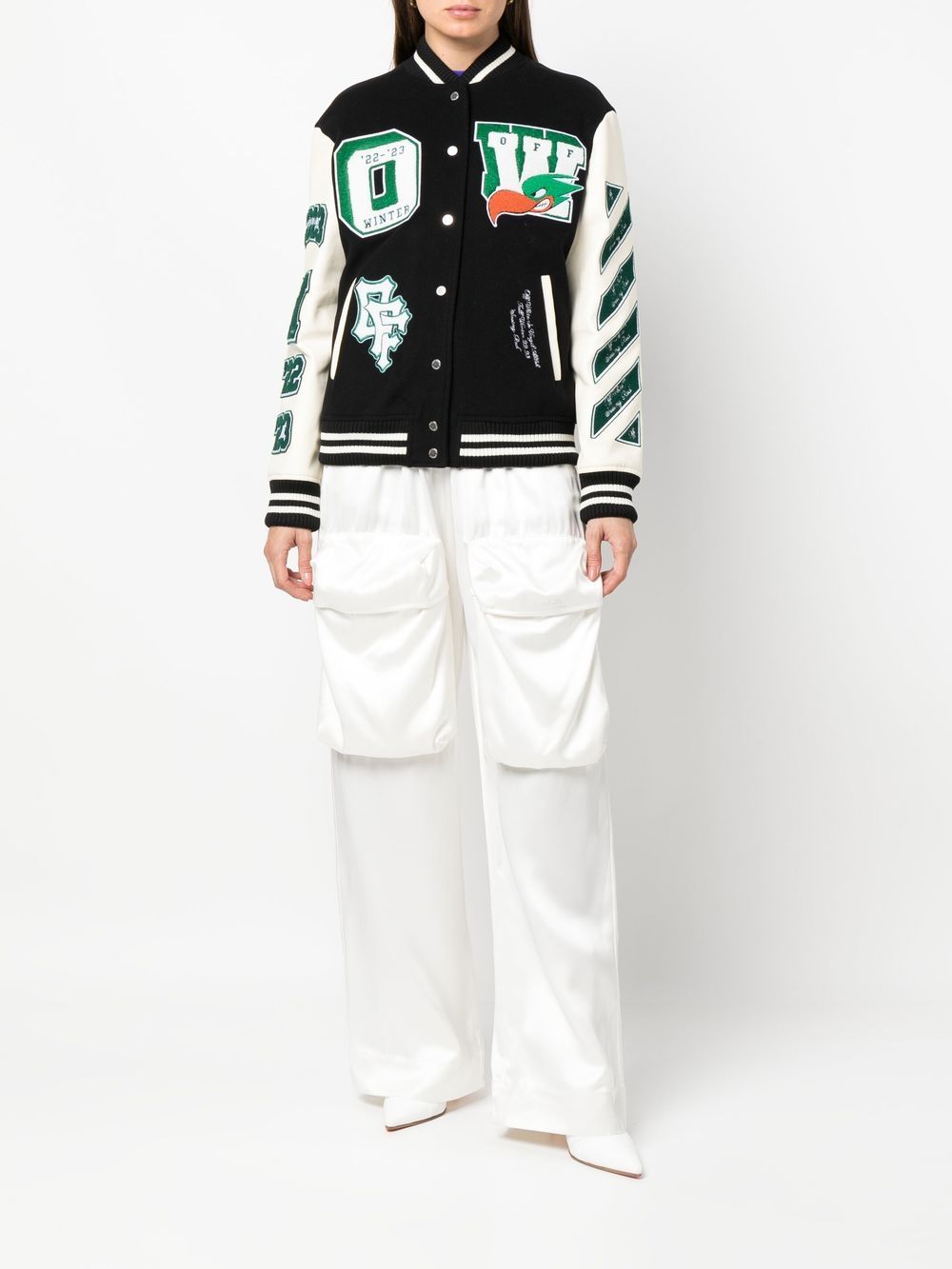 OFF-WHITE WOMEN Embroidered Patches Varsity Jacket Black/White - MAISONDEFASHION.COM