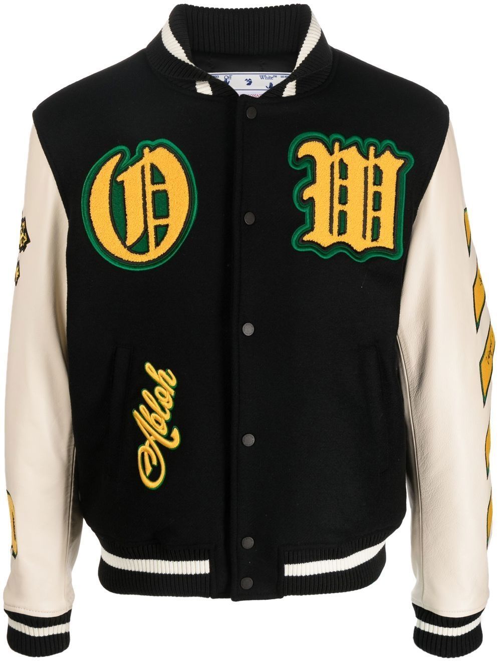 OFF-WHITE Graphics Leather Varsity Jacket Black/Yellow - MAISONDEFASHION.COM