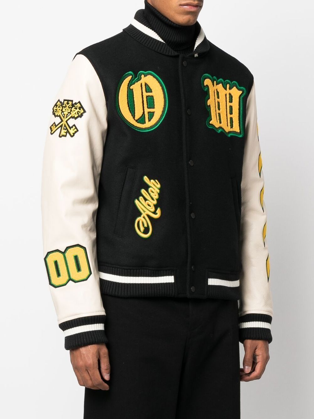 OFF-WHITE Graphics Leather Varsity Jacket Black/Yellow - MAISONDEFASHION.COM