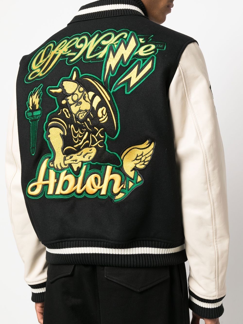 OFF-WHITE Graphics Leather Varsity Jacket Black/Yellow - MAISONDEFASHION.COM