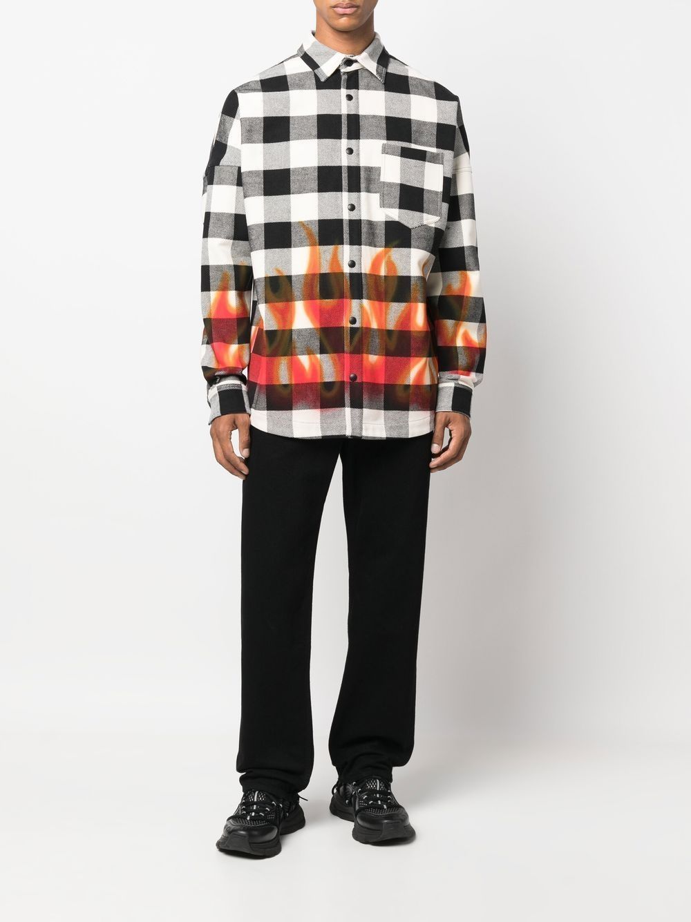 PALM ANGELS Check-print Long-sleeve Shirt Black/Red - MAISONDEFASHION.COM